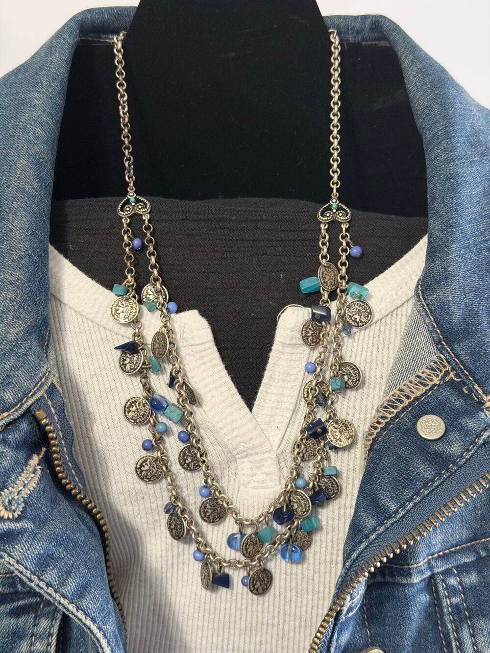 Vintage Coin Charm Layered Necklace Blue Bead Statement Necklace